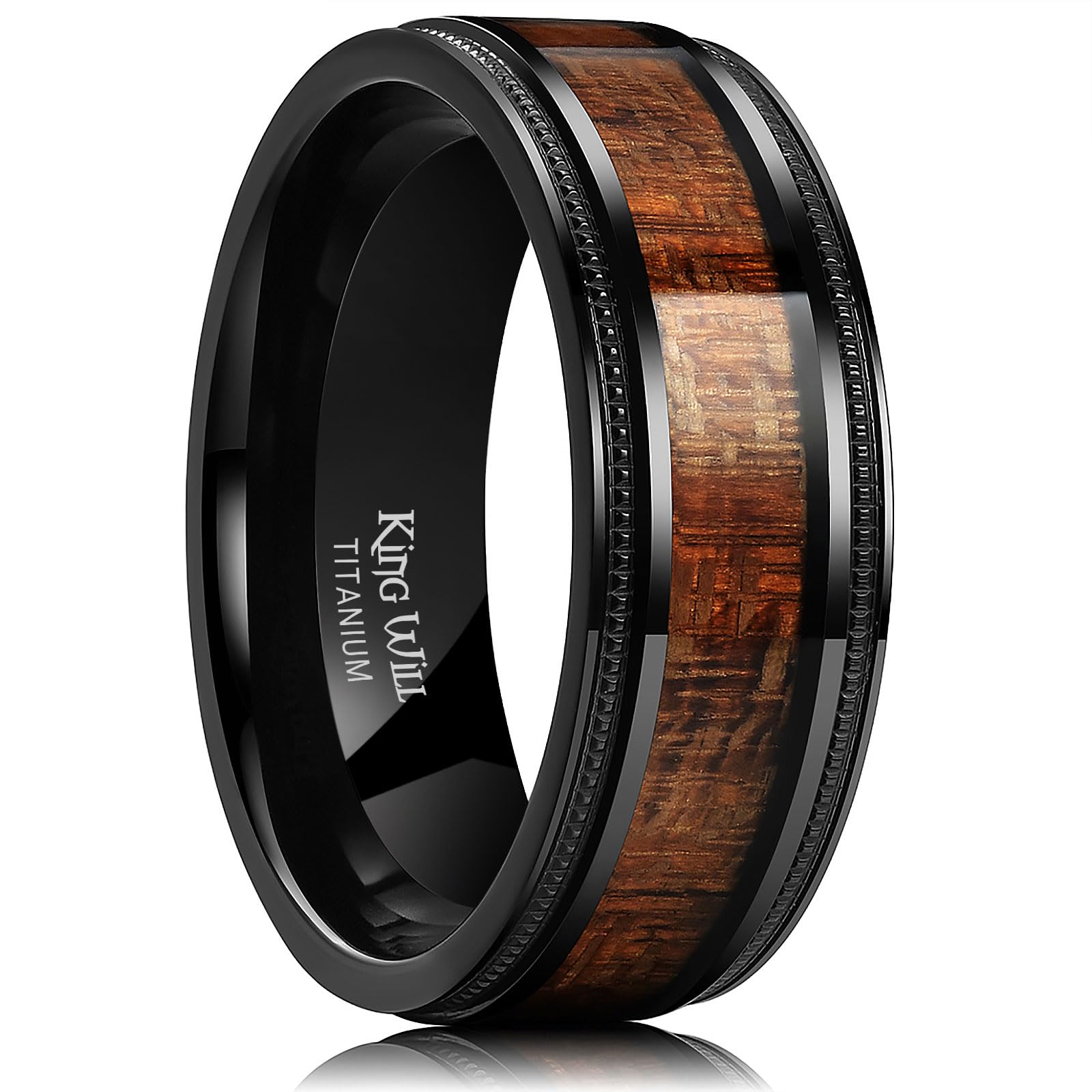 King Will Titanium Wedding Band for Men 7-8mm Black/Silver/Gold Titanium Men Ring with Koa/Maple Wood Inlay, Wooden Wedding Ring for Men Women Comfort Fit Size 6-14