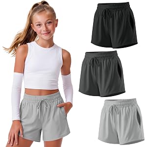 Yooo's Vivi 3 Pack Girls Quick Dry Athletic Shorts | Quick Dry, Running, Athletic, Active, Drawstring, Elastic Waist, Zipper