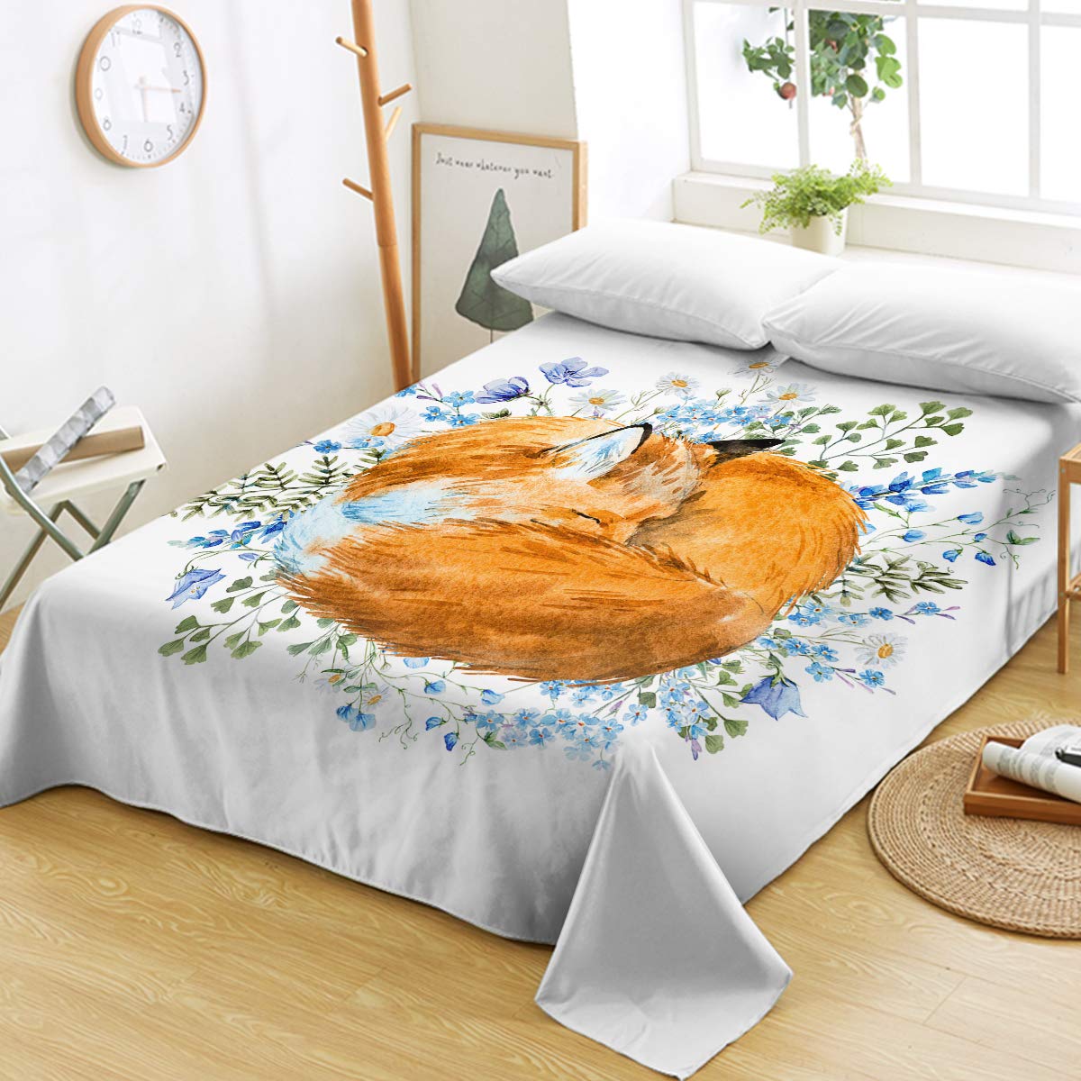 Sleepwish Watercolor Sleeping Fox Flat Sheet Red