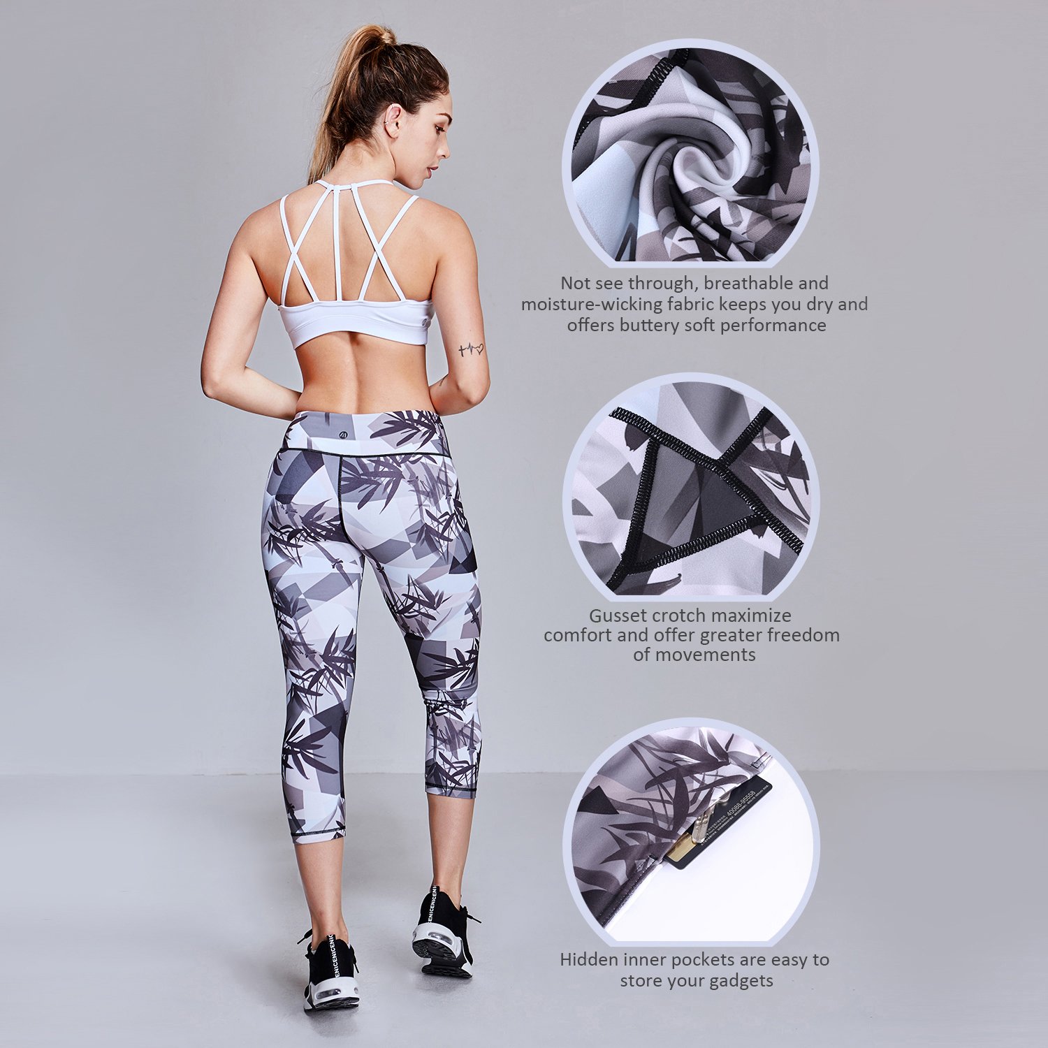 Matymats Women\'s Tummy Control Printed Yoga Capri Leggings Workout Running Active Pants Tights,Bamboo,Medium