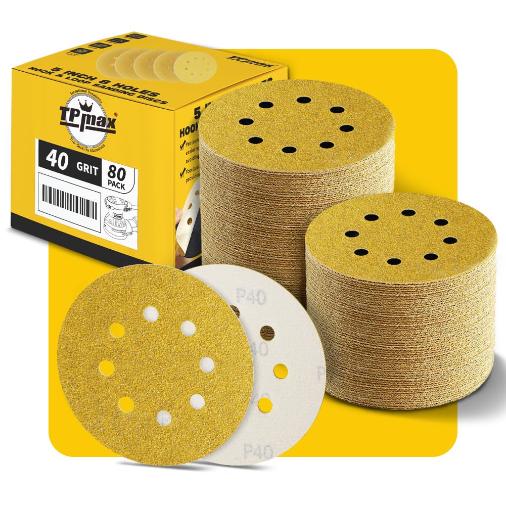 80PCS 125mm 8 Hole Sanding Discs Sandpaper, 40 Grit, Premium Gold Round Hook and Loop for Random Orbital Sander - Ideal for Wood, Metal, Automotive — image 1