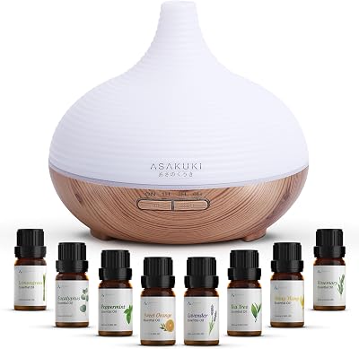ASAKUKI 300ml Essential Oil Diffuser with 8 Oils 7 LED Lights Auto Shut-off