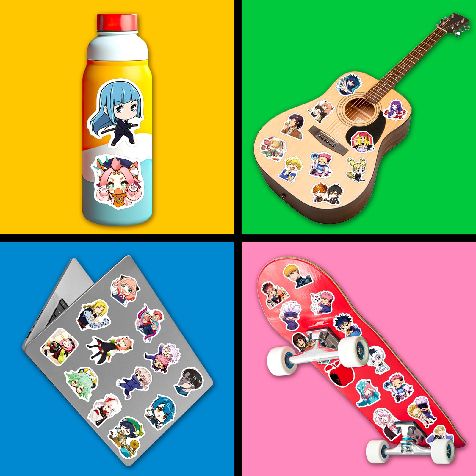 640 PCS Mixed Anime Stickers Pack - 16 Themes, 32 Sheets, Waterproof Decals for Water Bottles, Computers, Skateboards, Guitars - Suitable for Kids, Adults, Teens