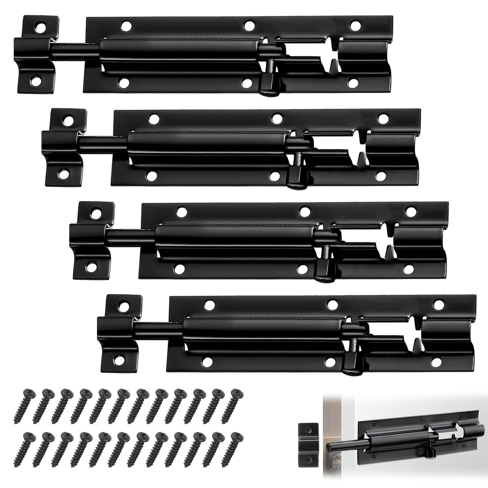 Door Security Slid Latch Lock, 6 Inch Black Door Lock Bolt, Barrel Bolt Stainless Steel Sliding, Door Latch Lock with Screws, Heavy Duty Door Security Bolts for Home Yard Garden(4 Pack)