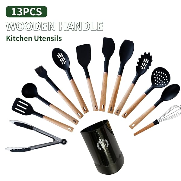 JIUFEI HOME 13-PIECE SILICONE KITCHEN UTENSILS SET, WOODEN HANDLE NONSTICK COOKING TOOLS WITH SPATULA TURNER TONGS LADLE, HEAT RESISTANT 450°F BPA-FREE DISHWASHER SAFE COOKWARE ACCESSORIES (WHITE)