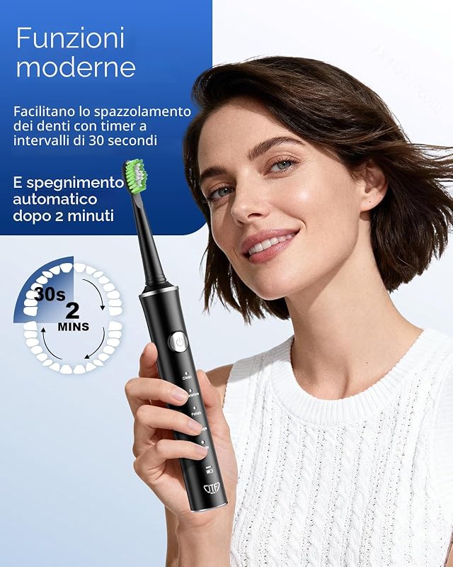 Spazzolino Elettrico Sonico – Pulizia Profonda per Gengive Sensibili, 5 Modalità, 45 Giorni di Batteria, 8 Testine, IPX7 Impermeabile, Timer Intelligente, Ideale per Viaggi (Nero)