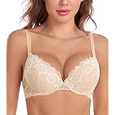 DotVol Women’s Comfort Padding Underwire Push Up T-Shirt Bra Flower Lace Everyday Bra