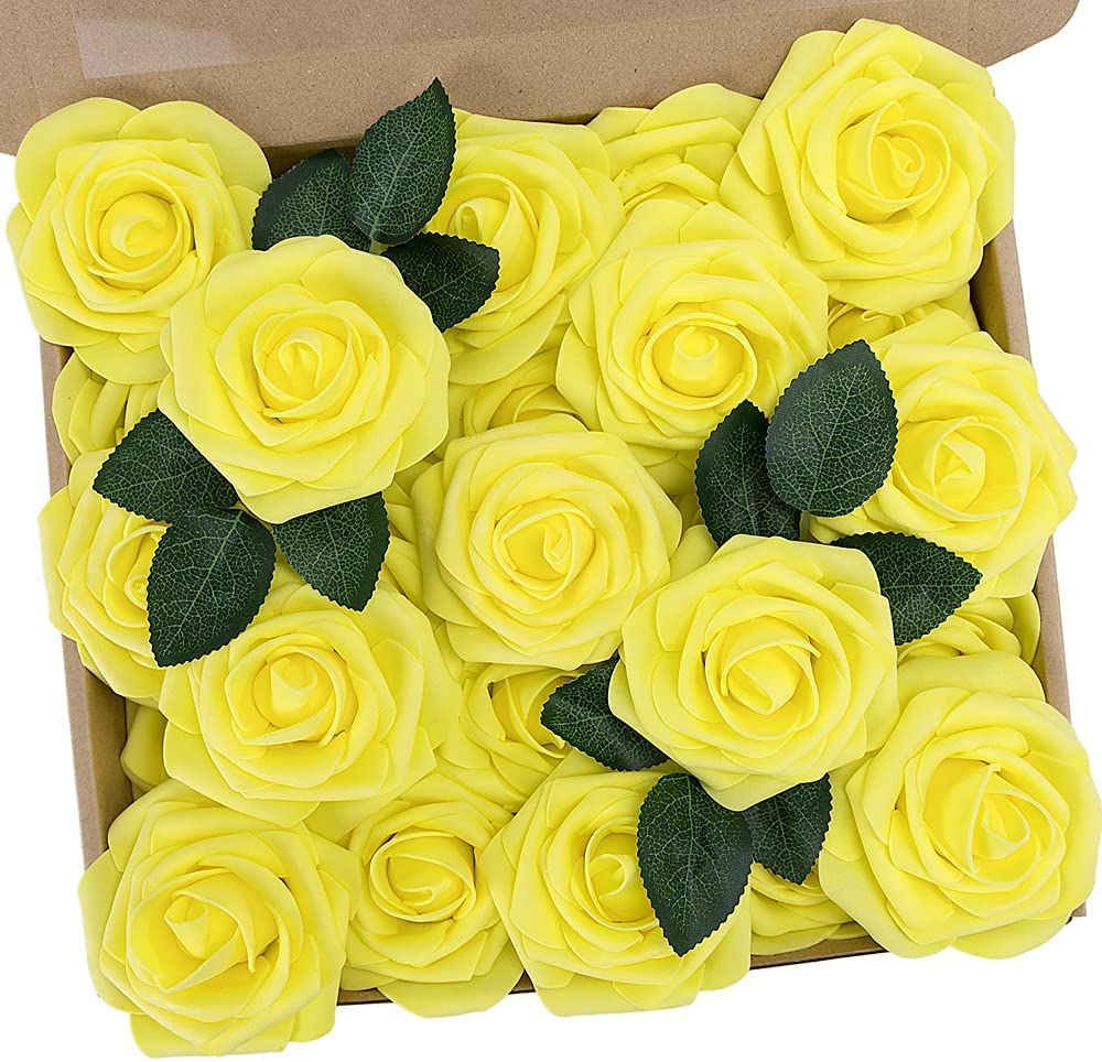 PIQIUQIU Pack of 25 Artificial Flowers Roses Artificial Flowers Rose Heads Fake for Birthday Decoration, Wedding Decoration, Party Decoration (Yellow)