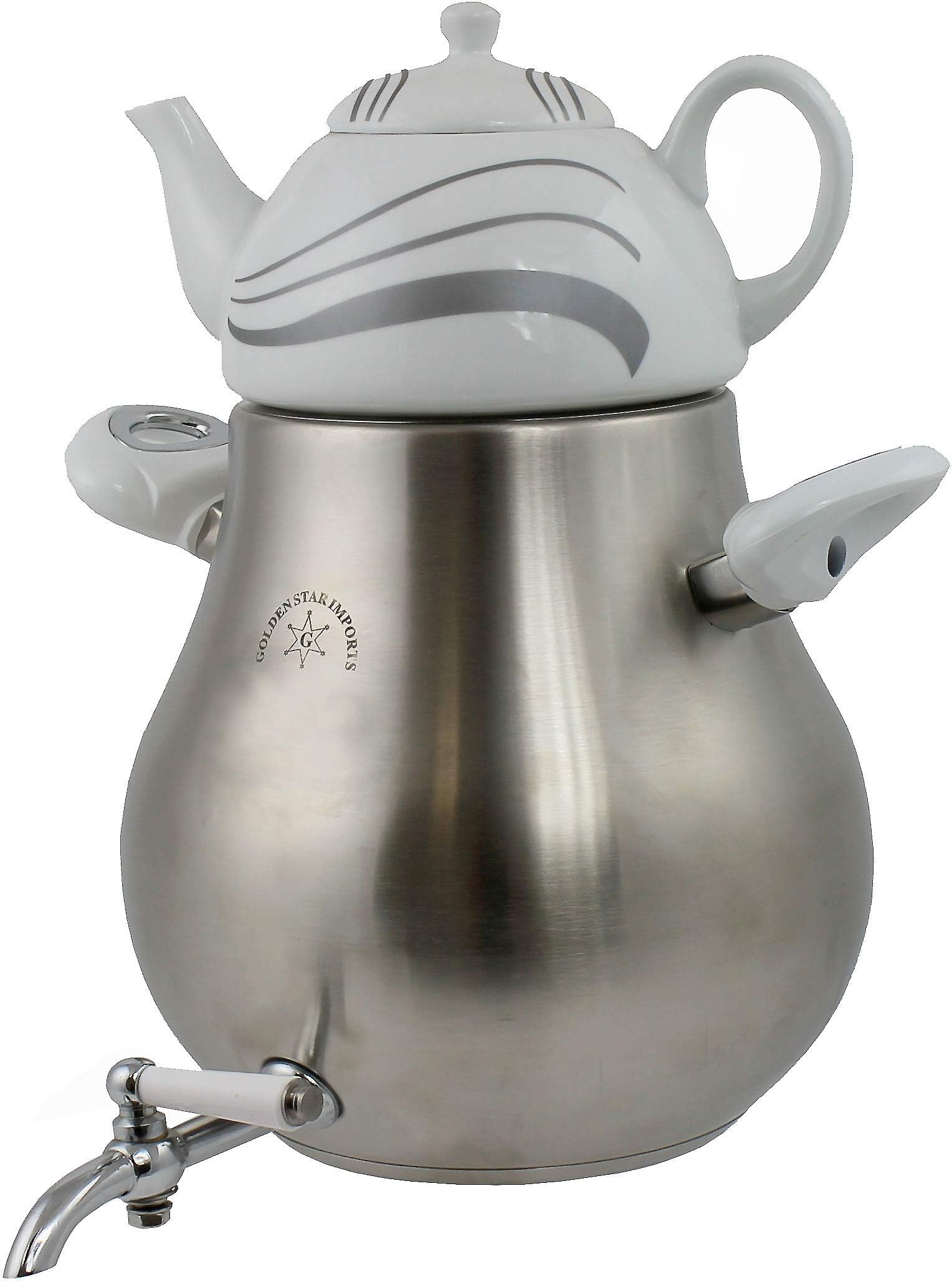 Home N Kitchenware Collection Double Teakettle Teapot Set 5.5L Stainless Steel Body + 1.0L Porcelain top, Classic Elegant Stripe Wave Design, Persian Turkish Russian Teakettle Teapot for Parties