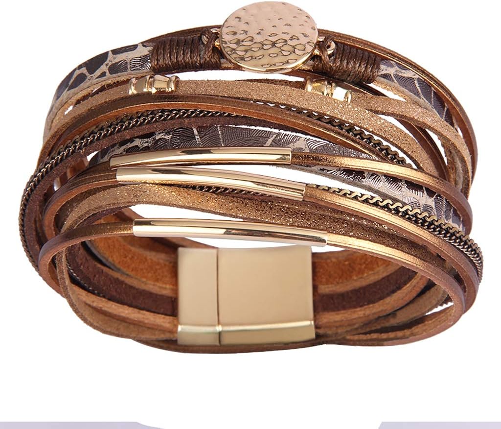 AZORA Leather Wrap Bracelets for Women Goldplated Metal Crescent Cuff Bracelet with Magnetic Buckle Casual Bohemian Wrist Bangle Jewelry Gift for Ladies Teen Girls Sister Mum: Jewelry
