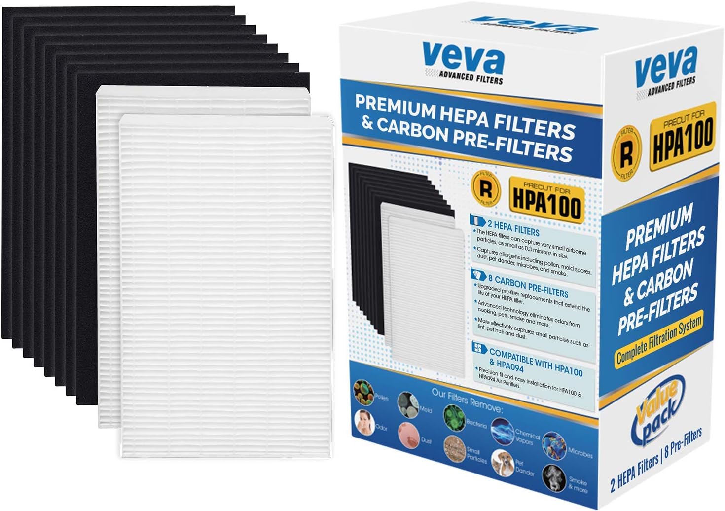VEVA Complete Premium 2 HEPA Replacement Filter Pack Including 8 Activated Carbon Pre Filters Precut for HPA100 Compatible with HW Air Purifier 090, 094, 100, 104, 105, HA106 & Filter R