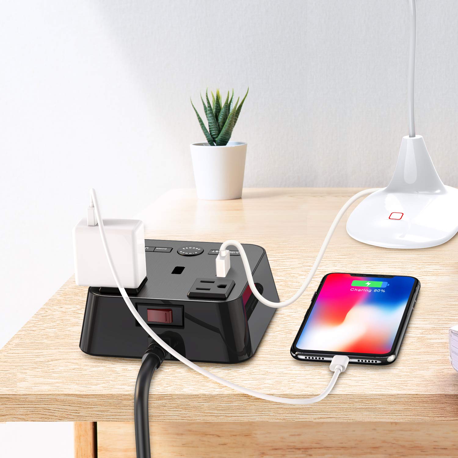 Yostyle Alarm Clock Charger w/3 USB Ports & 2 AC Outlets, 6ft Power Cord Charging Station Power Strip for Hotel Home Office,UL Tested (4 Dimmer Brightness,Snooze,ON/Off Switch,DST Time,Battery Backup)