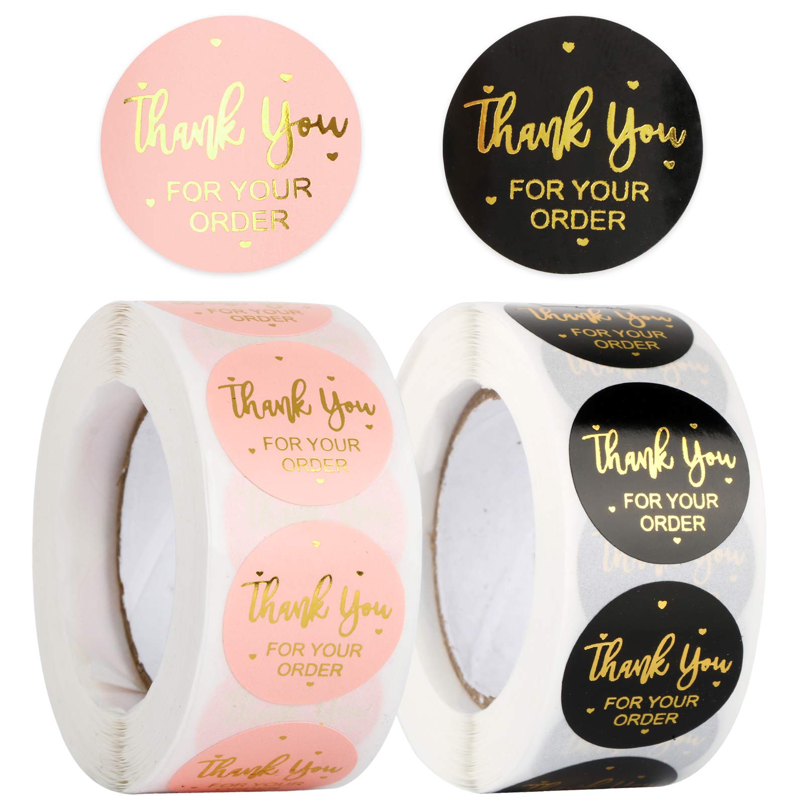 1000 Pcs (2 Roll，1 Inch) Thank You for Your Order Business Stickers Round Kraft Gift Paper Supplies Stickers Labels for Christmas Craft Card Perfect for Handmade Goods (Black & Pink)