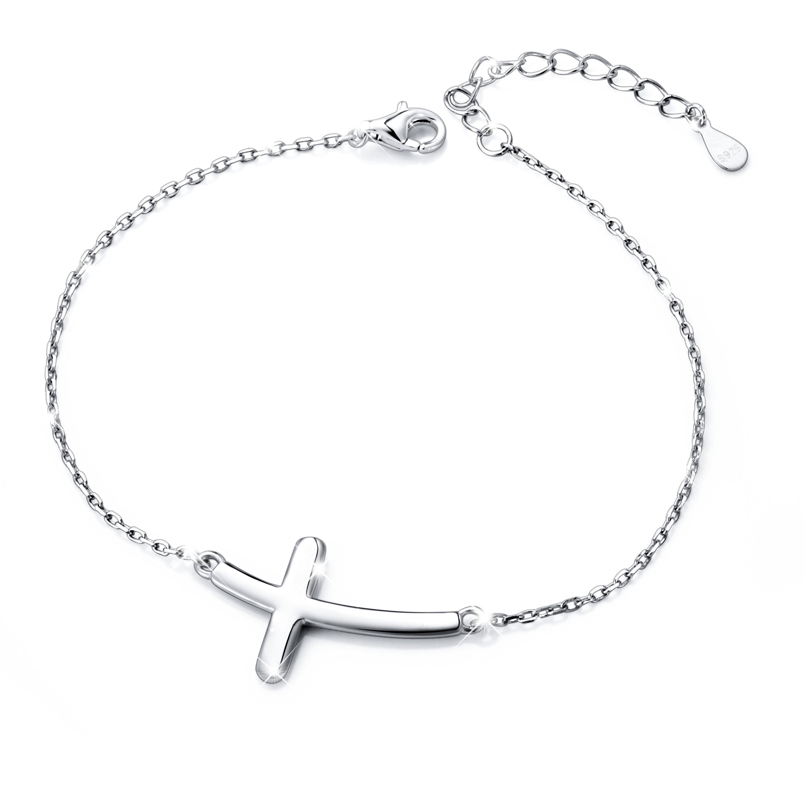 DAOCHONG Sideways Cross Bracelet S925 Sterling Silver Concise Classic Cross Bracelet Easter Birthday Gift for Women, 7+2 inches