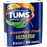 TUMS Antacid Chewable Tablets, Assorted Fruit, 24 Count Roll, 3 Pack | Extra Strength Formula, Neutralizes Acid Instantly for Indigestion and Upset Stomach, Multi-Symptom Relief, Gluten Free