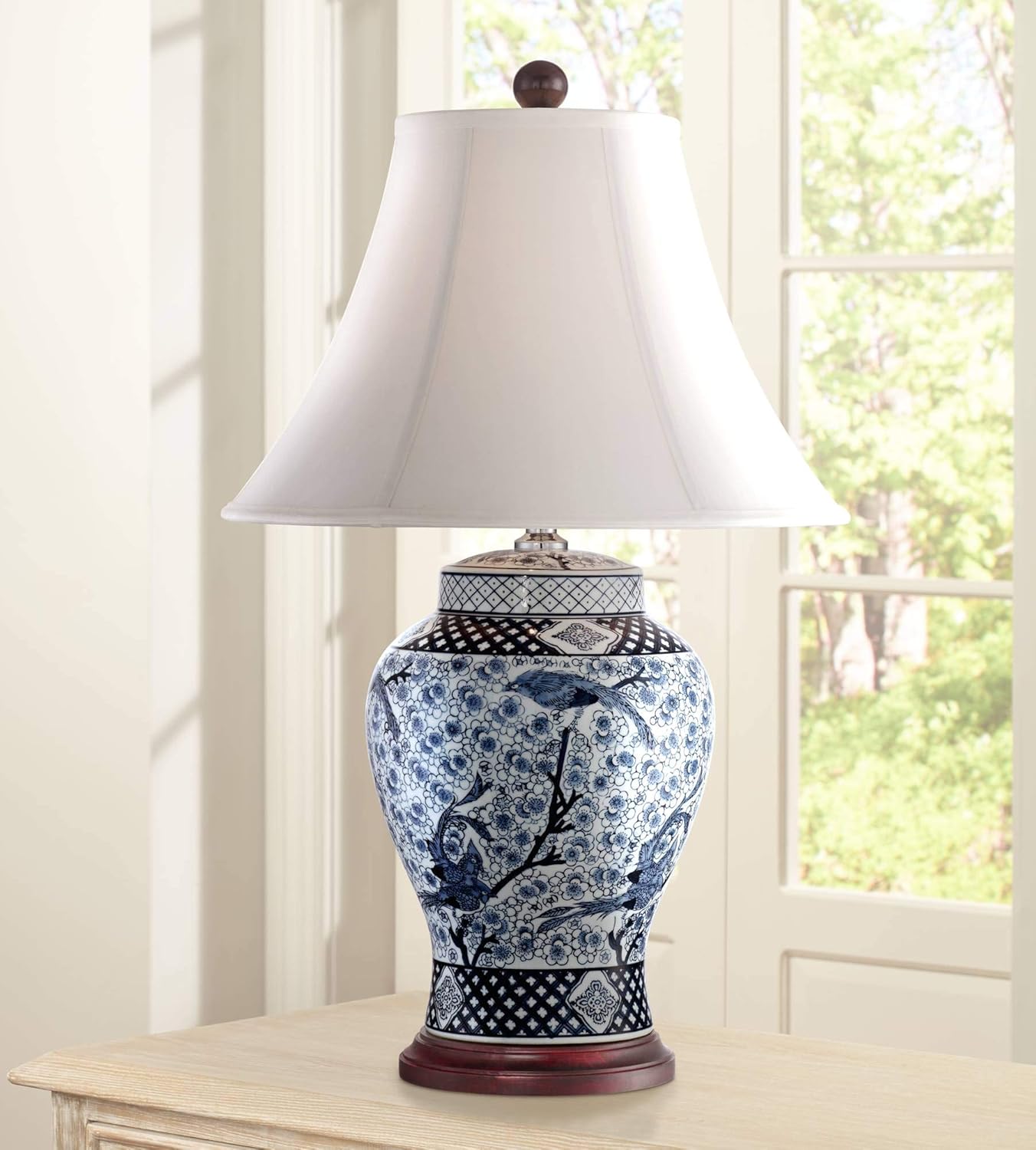 Shonna Traditional Table Lamp Porcelain Blue and White Bird and Branch Jar White Bell Shade for Living Room Family Bedroom - Barnes and Ivy