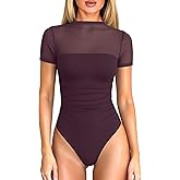 OQQ Women Short Sleeve Bodysuit Tummy Control Shapewear Mesh One Piece Leotard Shirts Going Out Tops
