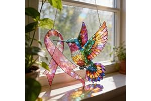 Hummingbird with Pink Ribbon Suncatcher, Acrylic Stained Glass Style Window Decoration, 7.87 Inch, Breast Cancer Awareness Sy
