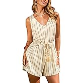 CUPSHE Women’s Striped Sleeveless Rompers V Neck Smocked Waist Drawstring Textured Travel Casual
