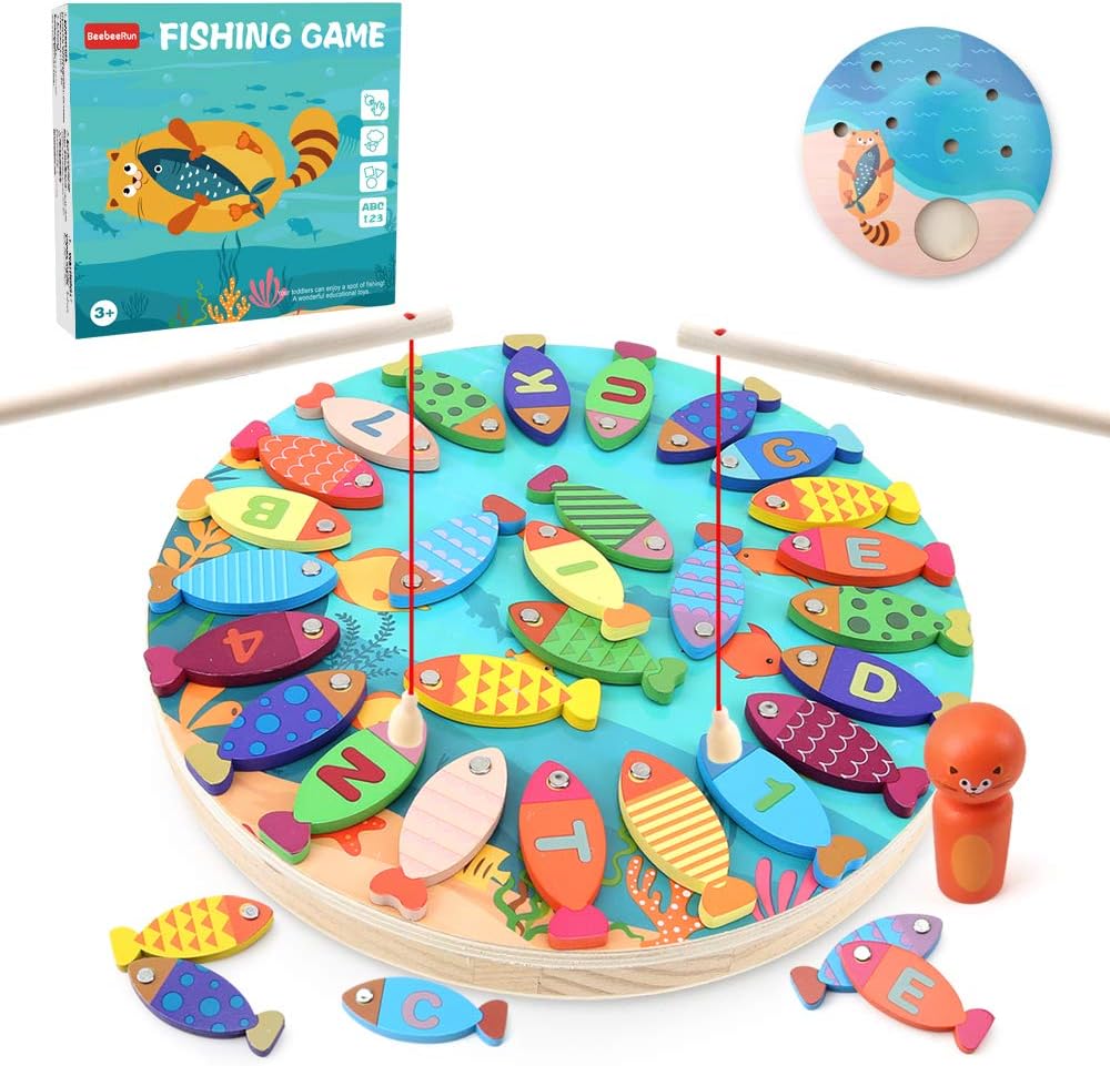 BeebeeRun 40PCS Wooden Magnetic Fishing 