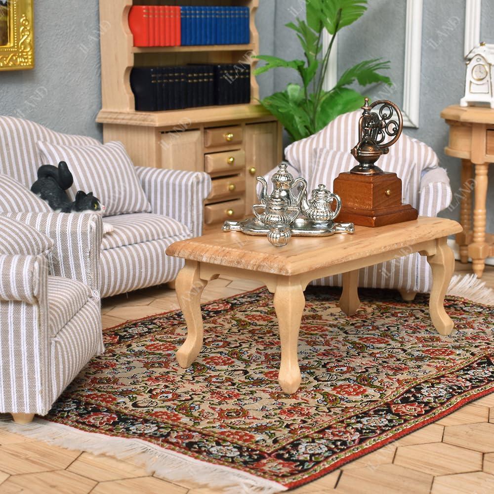 iLAND Miniature Wooden Dollhouse Furniture Set: Sofa, Cabinets, Coffee Table for Dollhouse Living Room (Classic Doll Furniture 7pcs)