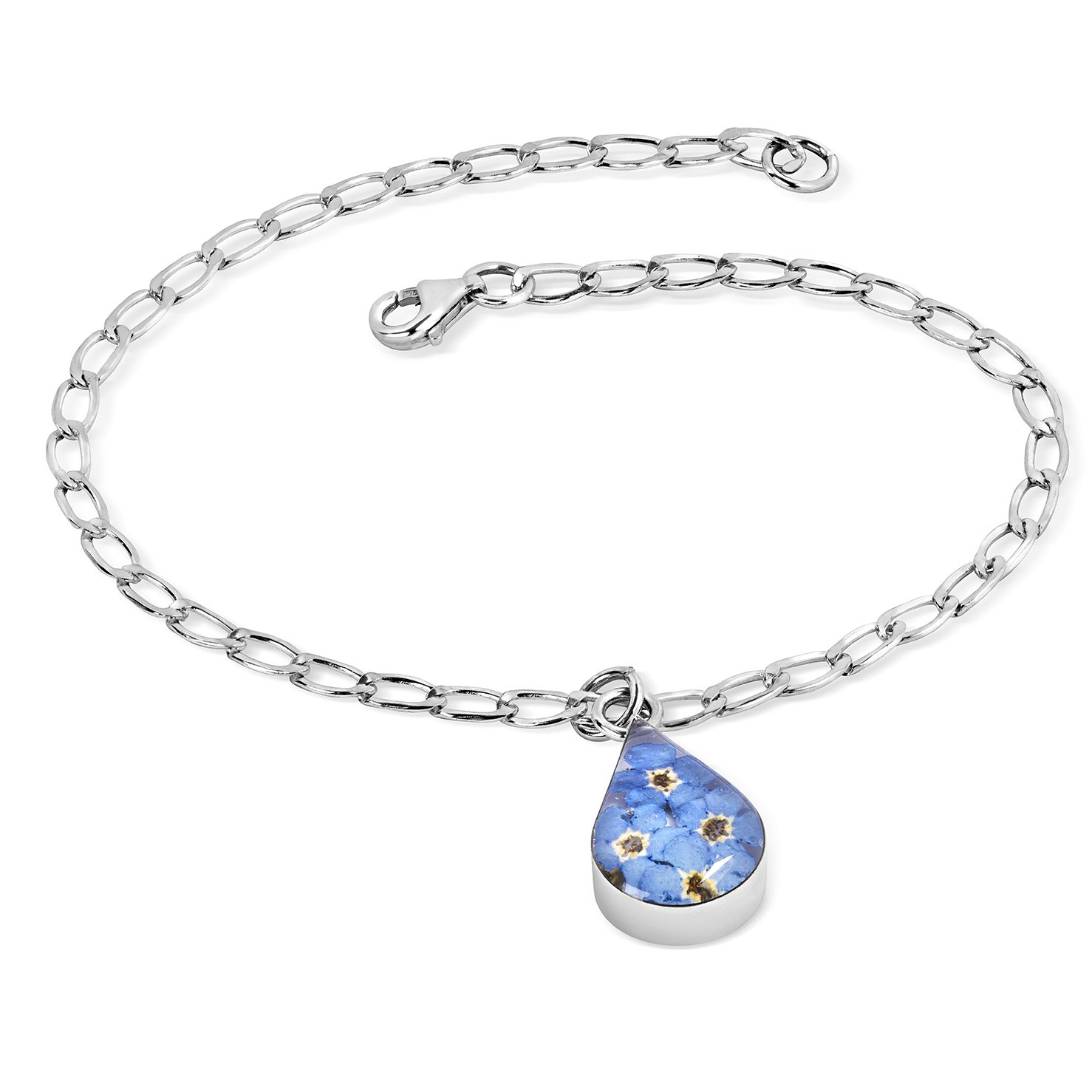 Natural Flower Jewellery Sterling Silver Flat Curb Chain Bracelet Made With Real Forget Me Nots