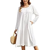 YOZLY Long Sleeve Nightgowns for Women Cotton Night Gowns Lace Sleepwear with Pockets S-XXL