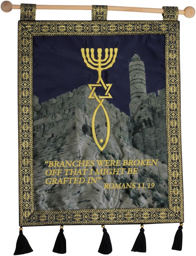 'Grafted in' Messianic Jerusalem Banner - Romans 11 - Tower of David - Blue Wall Hanging
