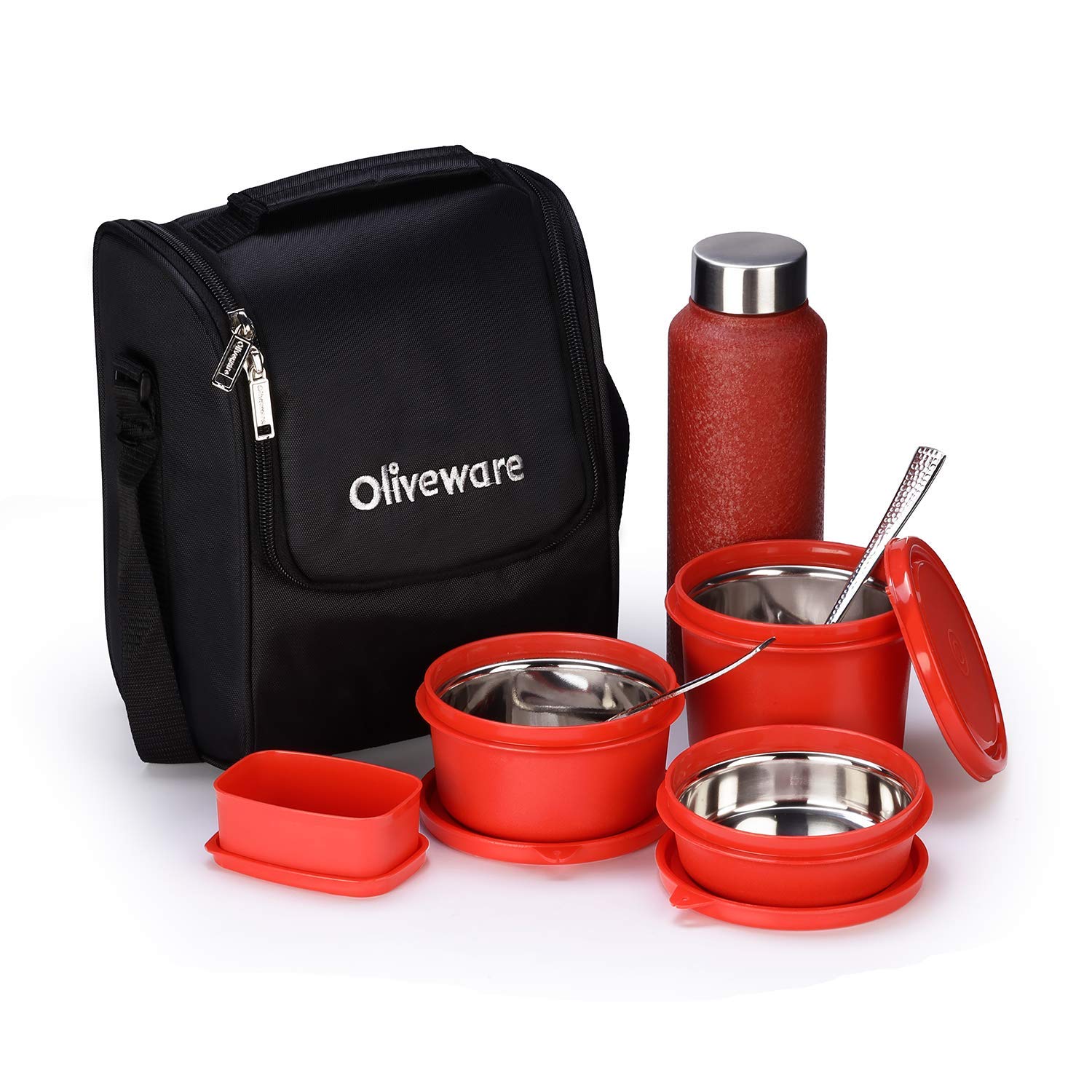 Buy Oliveware Teso Pro Lunch Box with Bottle 3 Stainless Steel Containers Plastic Pickle Box