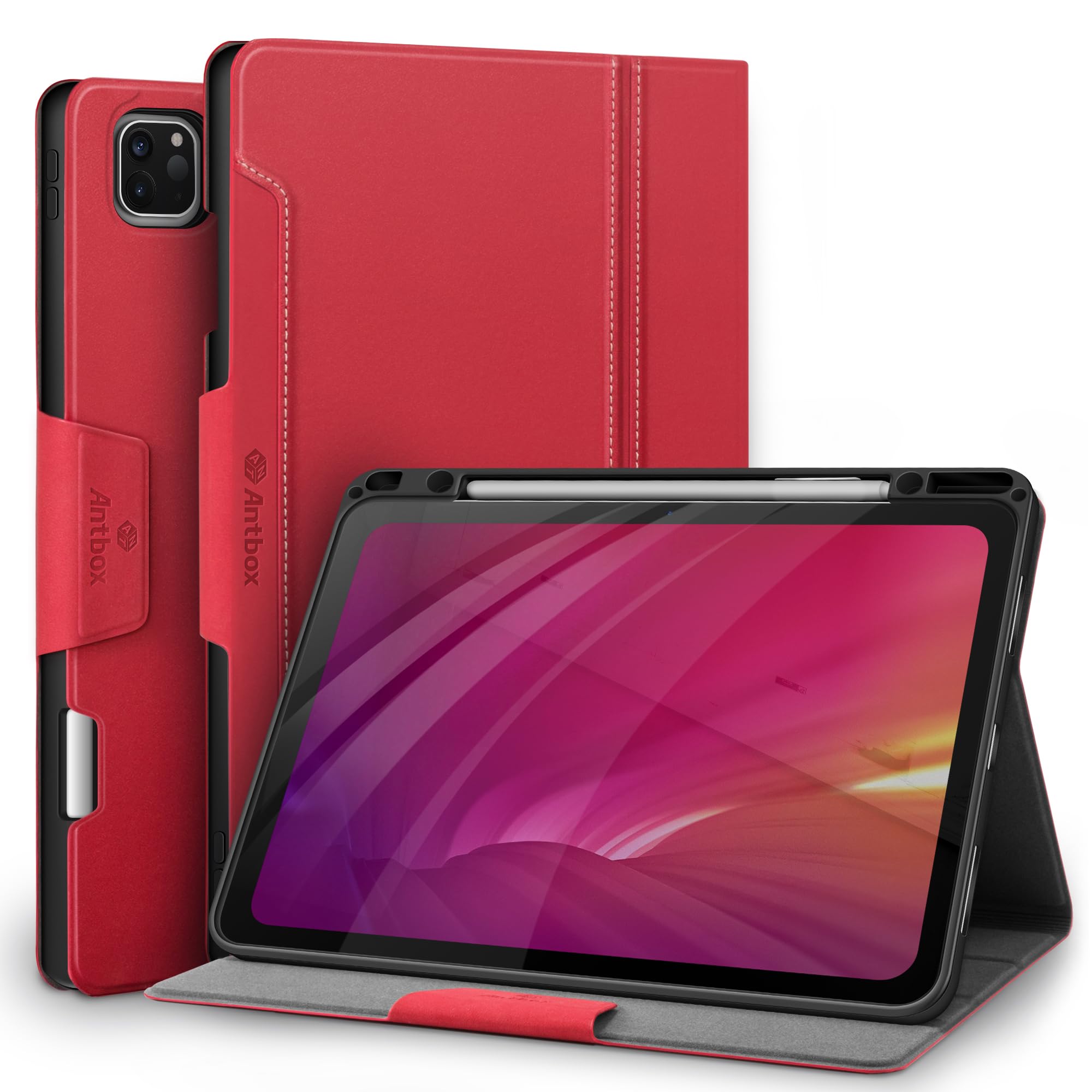 Antbox Case for iPad Pro 12.9'' 6th Generation (2022) 5th/4th/3rd Gen (2021/2020/2018), Built-in Pencil Holder Auto Sleep/Wake Function PU Leather Smart Cover (Red)