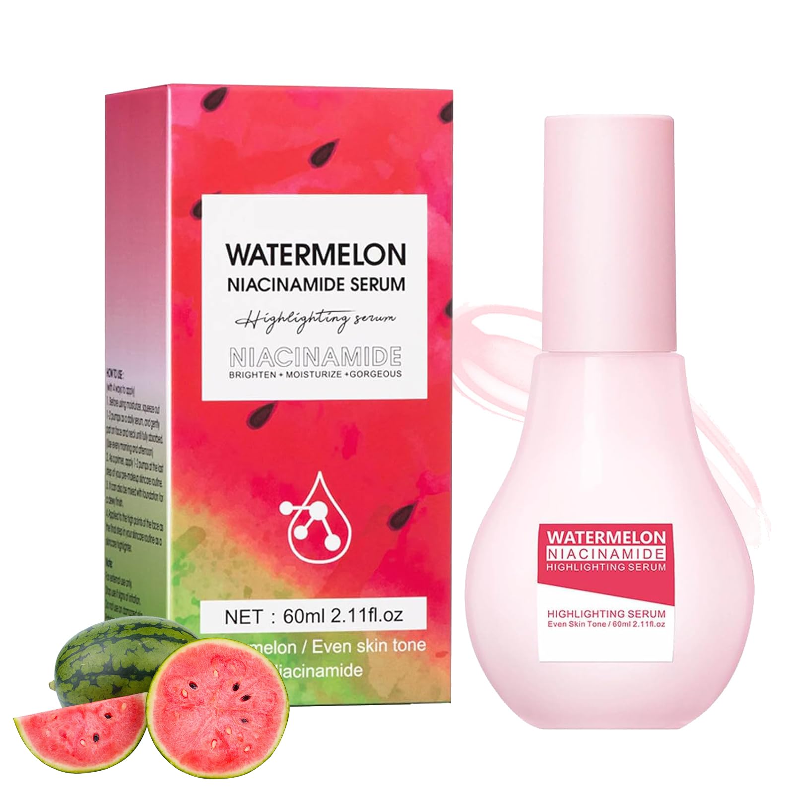 Watermelon Glow Niacinamide Serum, Skincare Hydrating Watermelon Serum with Hyaluronic Acid,Deep Moisturizing&Brighten - Improve Dullness&Dark Spots,Lightweight Facial Serum(60ML)