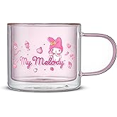 JoyJolt Hello Kitty Double Wall Insulated Coffee Mug ft My Melody, 13.5 oz Glass Cup, Cute Drinking Glassware ideal for Latte, Iced Coffee, or Tea, Kawaii Hello Kitty Merch, Sanrio Accessories