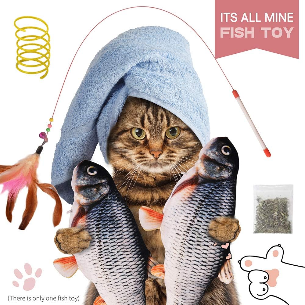 Floppy Fish Cat Toy, Realistic Moving Fish Cat Toy, Wiggle Fish Catnip Toy, Flippity Fish with Cat Wand Stick Toy & Cat Spring Toy, Interactive Cat Exercise Toy, Perfect for Biting, Chew and Kick : Pet Supplies