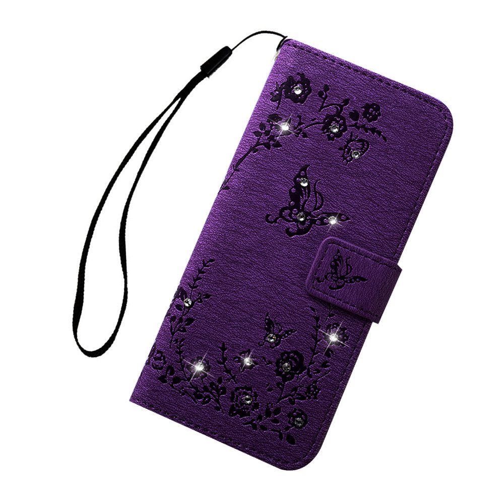 Maxfe.co for Samsung Galaxy S9 Case Shockproof Floral Butterfly PU Leather Wallet Flip Magnet Case Cover for Samsung Galaxy S9 with Card Slots Built-in Kickstand +Touch Pen Purple