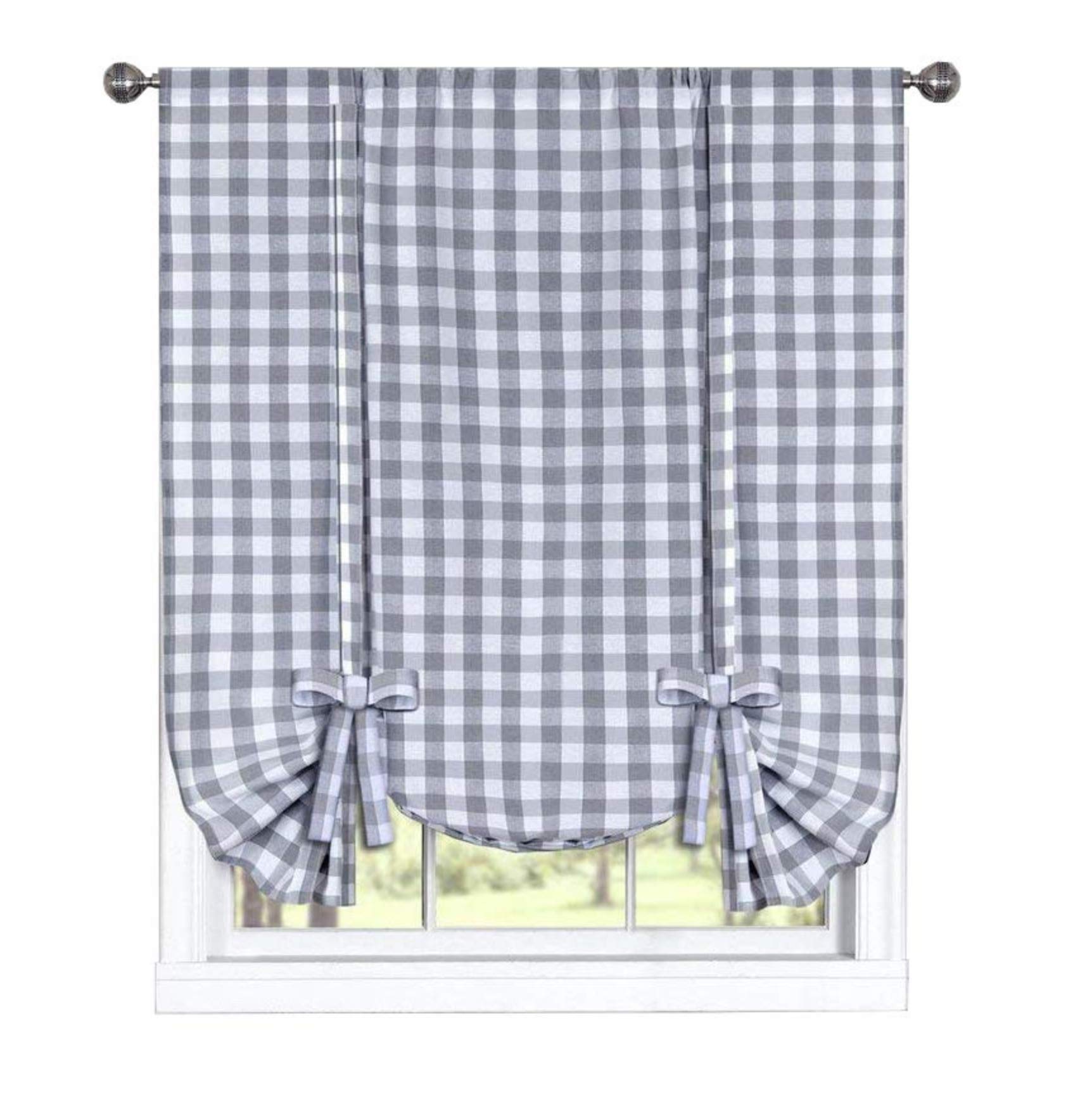 Buffalo Check Plaid Gingham Custom Fit Window Curtain Treatments By GoodGram - Assorted Colors, Styles & Sizes (Tie Up Shade, Grey)