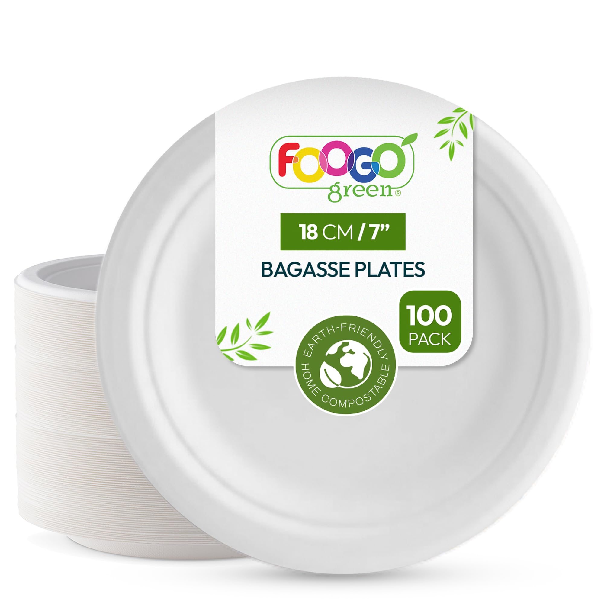 FOOGO Green 100 Disposable Sugarcane Bagasse Plates, 7 inch (18 cm), for Desserts and Starters, Eco Friendly Biodegradable Compostable, Picnic, Party, Small Round Strong Paper Plates
