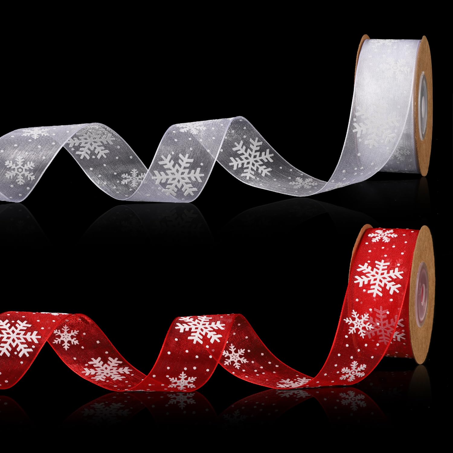 2 Rolls of Snowflake Ribbon, 20m/22 Yards Polyester Fibre Snow Christmas Ribbon Red White Snowflower Xmas Ribbon for Christmas Tree Gift Package Garland