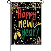Artofy Happy New Year 2026 Small Decorative Garden Flag, Colorful Fireworks Champagne Celebration Yard Lawn Outside Decor, Christmas Winter Burlap Outdoor Home Decoration Double Sided 12 x 18