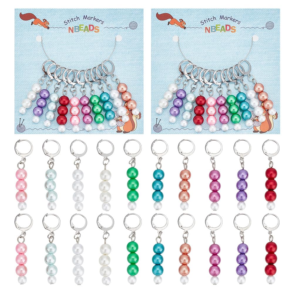 NBEADS 40 Pcs Pearl Bead Stitch Markers, Plastic Dangle Charms Alloy Crochet Stitch Marker Charms with Removable Leverback Hoop for Knitting, Weaving, Sewing & Jewelry Making