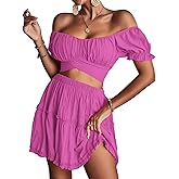 LYANER Women's 2 Piece Outfits Off Shoulder Tie Up Back Crop Top and Mini Skirt Set Solid Lavender X-Small