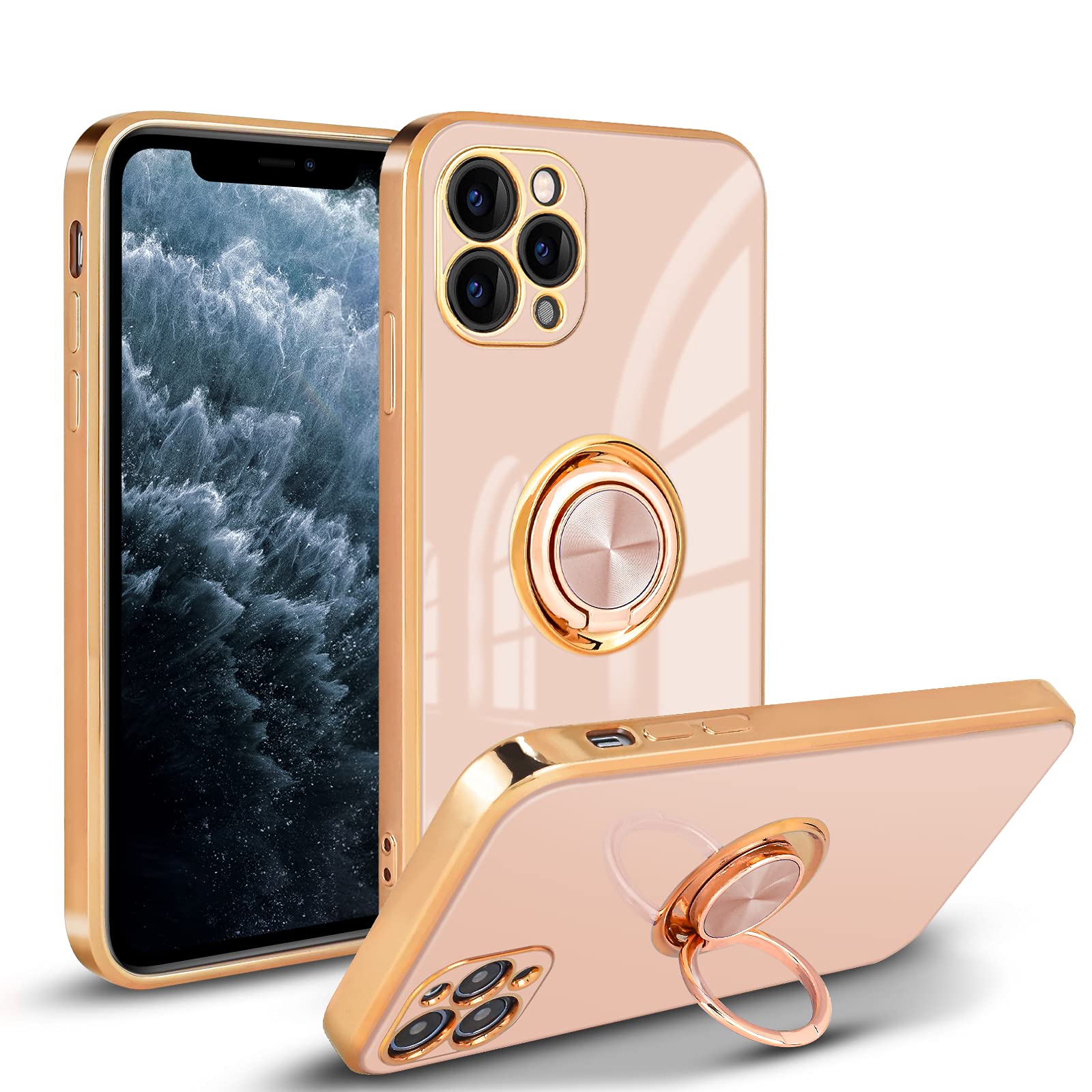 Newseego Case Compatible with iPhone 11 Pro,Electroplated Soft Silicone Shockproof iPhone 11 Pro Protective Cover,360 Degree with Rotation Magnetic Car Finger Ring Holder for iPhone 11 Pro-Light Pink