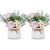 BLOSMON Table Decor Artificial Flowers Vase 7 Inch Small Fake Pink Flower Arrangement 2pcs for Tables Centerpieces Kitchen Dining Room Decorations Faux Flower in Vase Coffee Table Silk Roses