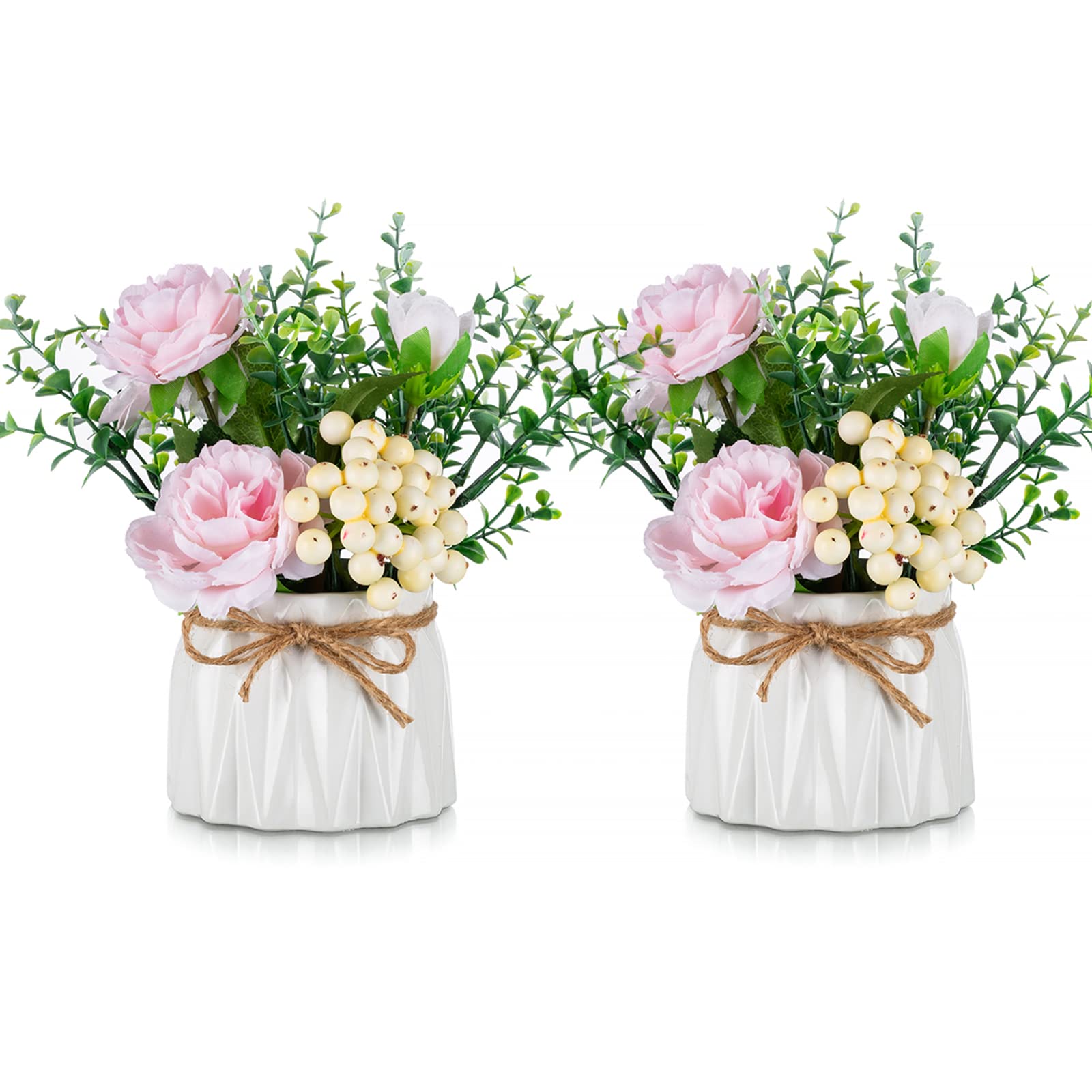 BLOSMON Artificial Flowers and Vase Decoration Fake Flower in Vases 2PCS Pink Plastic Rose Arrangements Table Floral Centrepieces Ornaments Plant Bouquet for Wedding Room Window Garden Party Display