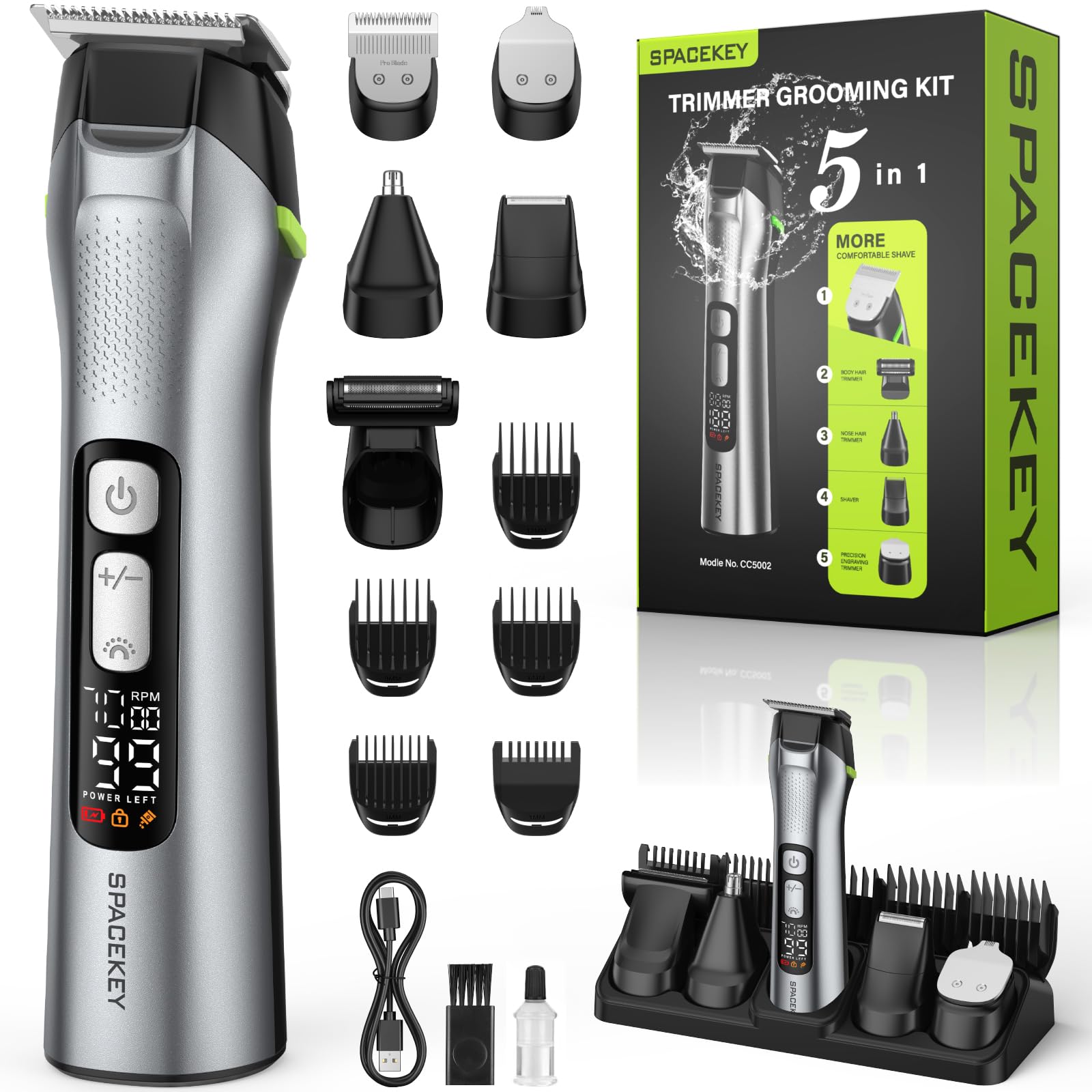 Photo 1 of Beard Trimmer for Men, 15 Pieces Mens Grooming Kit, 5 in 1 Stainless Steel Blade Cordless Hair Clippers, 150-Min Long Runtime, IPX7 Waterproof, 3 Speeds Body Hair Trimmer for Nose, Ear, Face, Chest