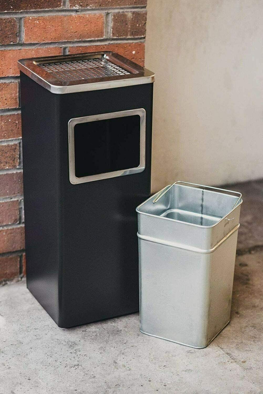 PREMIER HOME HQ PREMIUM METAL STANDING ASHTRAY CIGARETTE RESTAURANT GARDEN PUB CLUB BIN OUTDOOR INDOOR STAINLESS STEEL (BLACK SQUARE)