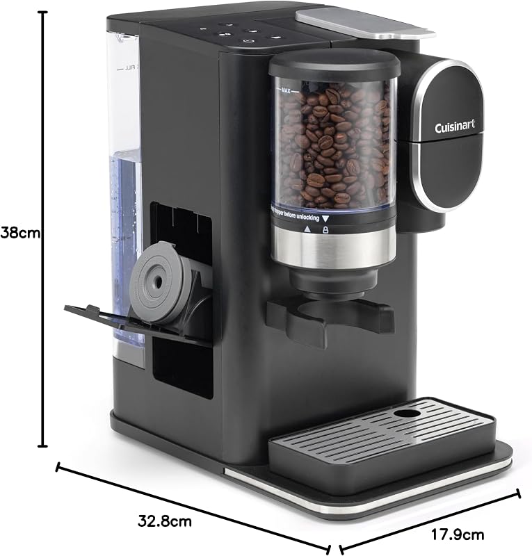 Kaffeemaschine für eine Tasse, gemahlen und gebrüht | Single serve Filterkaffee | Eingebautes Kegelmahlwerk aus Edelstahl | 3 Tassengrößen wählen | Wiederverwendbare Filterkapsel | Schwarz