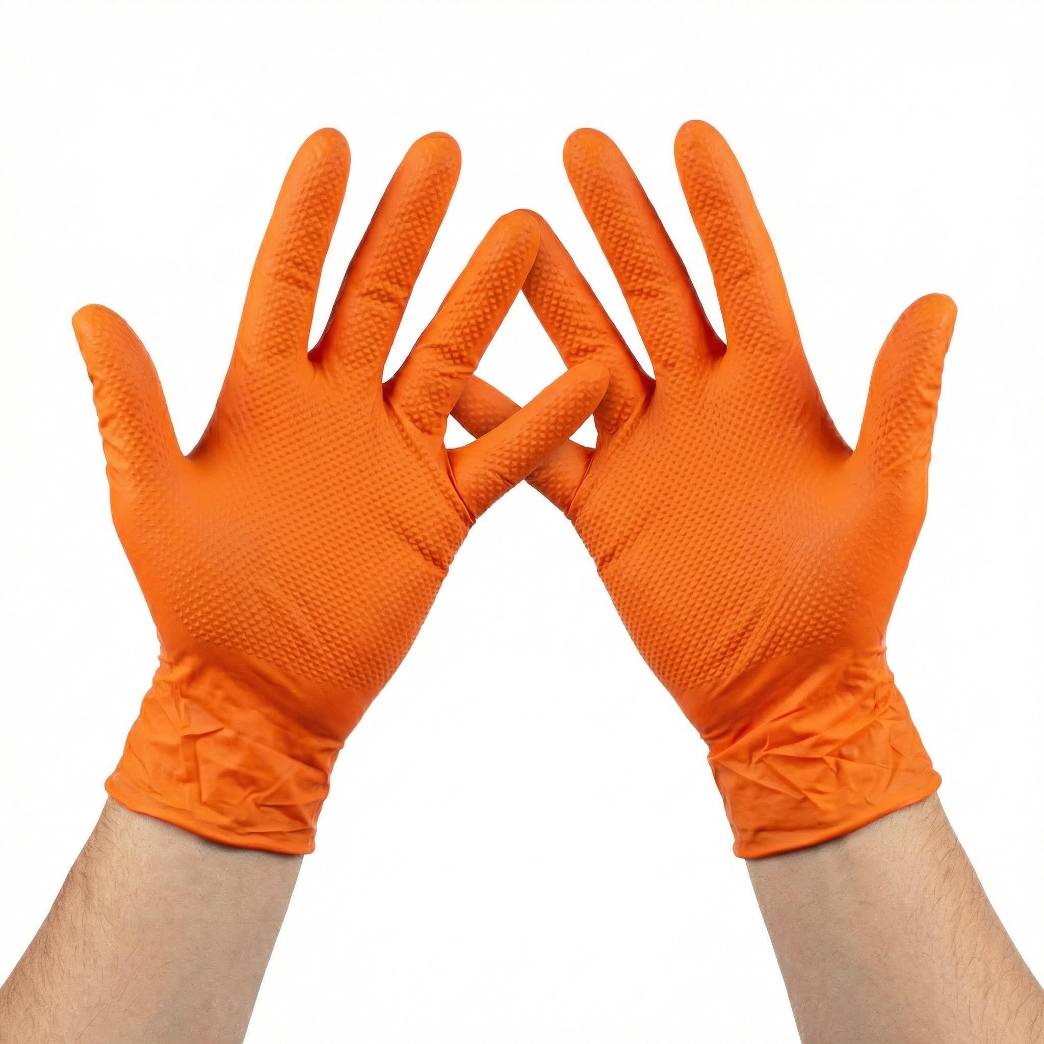 KMINA Nitrile Gloves (x50 Units), High Density Diamond Grip, Latex & Powder Free, Mechanic Gloves Extra Thick & Super Strong, Orange (XL)