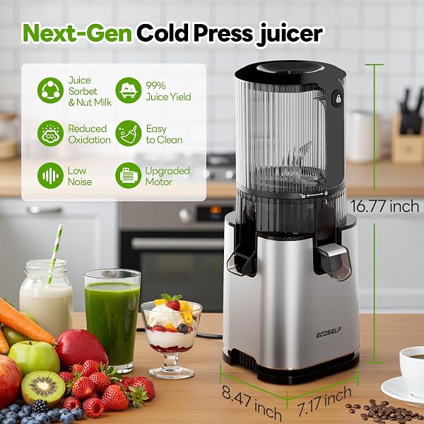 ECOSELF JUICER MACHINES WITH 3 FILTERS (FOR JUICE/SORBET/NUT MILK), SLOW MASTICATING JUICER WITH 6.0″ WIDE MOUTH HOPPER FOR VEGETABLES & FRUITS, SELF FEEDING, JUICER FOR FAMILY PARTY, WITH PUSHER