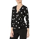 Anne Klein Womens 3/4 Sleeve Polka Dot Jersey Wrap Top