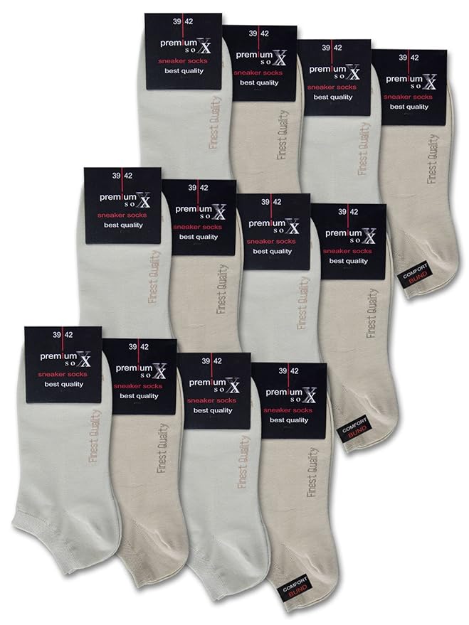 sockenkauf24 12 Paar Premium Sneaker Socken Damen & Herren ohne Naht & ohne Gummidruck Schwarz Weiß Beige Baumwolle - 16400